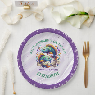 Prato De Papel Chuva de Bebê do Zodíaco de Peixes Lavanda e Verde