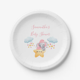 Prato De Papel Chuva de Bebê Elefante Rosa Personalizada