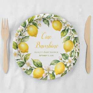 Prato De Papel Chuva de Bebê em Aquarela com Limões Ciao Bambino
