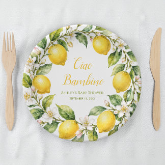 Prato De Papel Chuva de Bebê em Aquarela com Limões Ciao Bambino