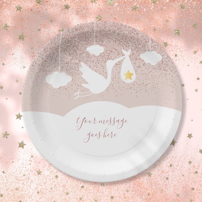 Prato De Papel Chuva de Bebê Estrela em Rose Gold com Brilho de C (Baby Shower Rose Gold Star Glitter Stork Paper Plates)