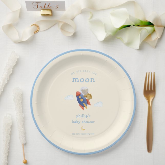 Prato De Papel Chuva de Bebê Foguete Espaçonave Urso Além da Lua (Casamento)