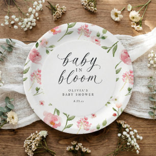 Prato De Papel Chuva de Bebê Jardim Floral Aquarela Rosa em Flor