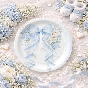 Prato De Papel Chuva de Bebê Laço Azul Floral em Renda