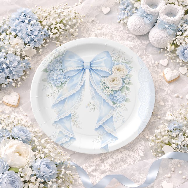 Prato De Papel Chuva de Bebê Laço Azul Floral em Renda (Criador carregado)
