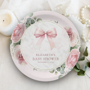 Prato De Papel Chuva de Bebê Laço Coquette Floral Rosa Bege