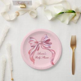 Prato De Papel Chuva de Bebê Menina Arco Rosa Elegante Aquarela