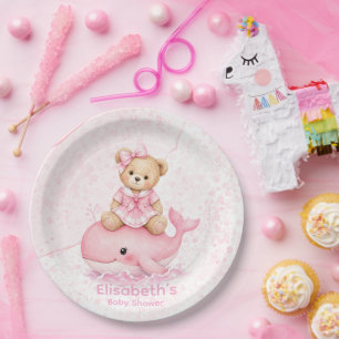 Prato De Papel Chuva de Bebê Menina com Urso Teddy Rosa em Cima d