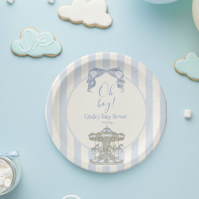 Prato De Papel Chuva de Bebê Menino Azul Carousel Francês (Criador carregado)