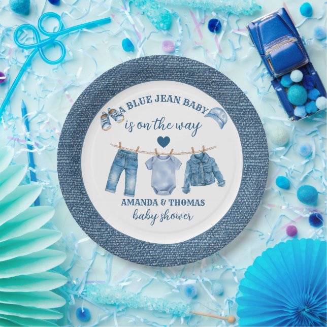 Prato De Papel Chuva de Bebê Menino Blue Jean  (Festa)