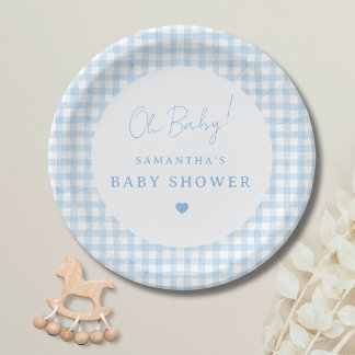 Prato De Papel Chuva de Bebê Menino Boho Xadrez Azul Aquarela
