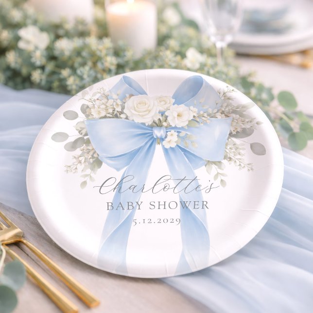 Prato De Papel Chuva de Bebê Menino Floral com Laço Azul (Criador carregado)