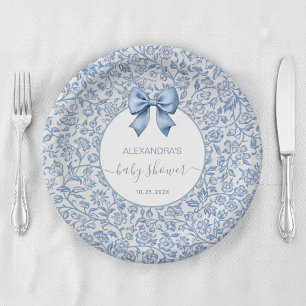 Prato De Papel Chuva de Bebê Menino Padrão Floral Azul e Branco c