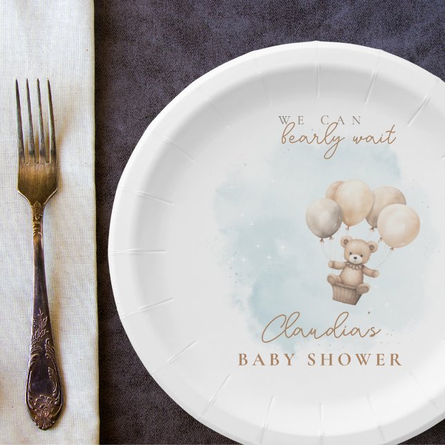 Prato De Papel Chuva de Bebê Neutro Mal Podemos Esperar (Bearly Wait Baby Shower Plate)