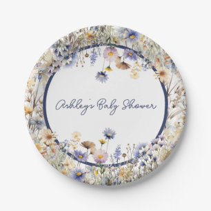 Prato De Papel Chuva de Bebê Personalizada Boho Flor Silvestre Az