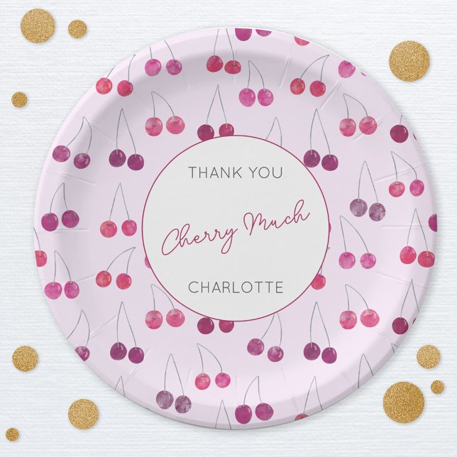 Prato De Papel Chuva de Bebê Personalizada com Água-forte Rosa Ce (Pretty watercolor cherry pattern  Thank You Cherry Much personalized text party paper plates)