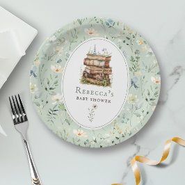 Prato De Papel Chuva de bebê pilha de livros aquarela, flor silve