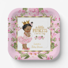Prato De Papel Chuva de Bebê Princesa Étnica Rosa Dourado Floral