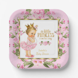 Prato De Papel Chuva de Bebê Princesa Rosa Dourado Floral Loira
