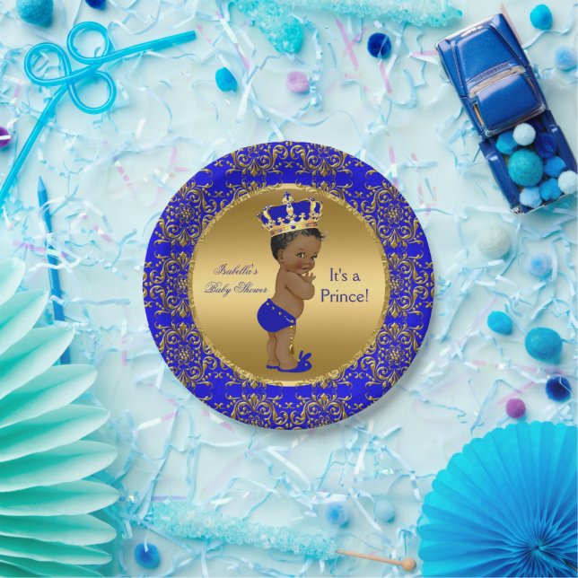 Prato De Papel Chuva de Bebê Príncipe Azul Real Étnico (Festa)