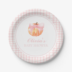 Prato De Papel Chuva de bebê Pumpkin Pink com laço e xadrezinho