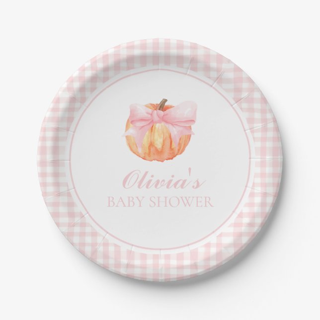Prato De Papel Chuva de bebê Pumpkin Pink com laço e xadrezinho (Frente)