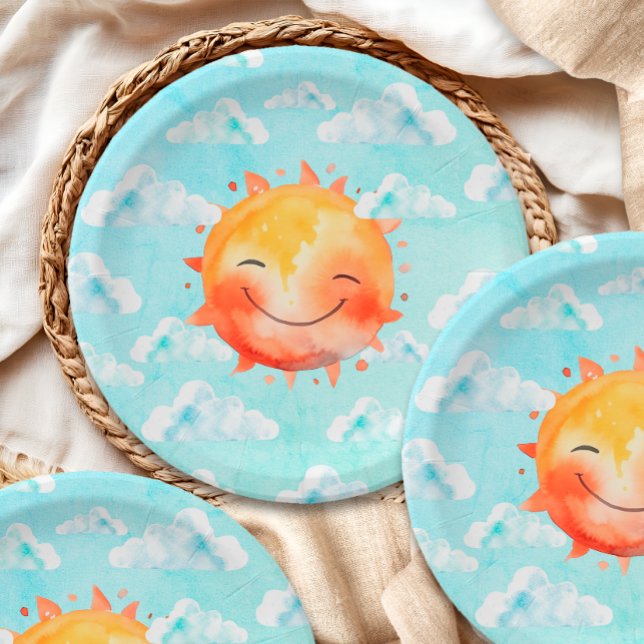 Prato De Papel Chuva de Bebê Retro Azul Céu Boho Feliz Sol (Criador carregado)