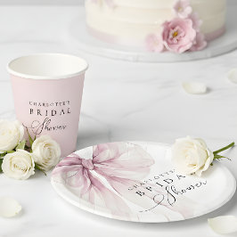 Prato De Papel Chuva de Bebê Rosa com Laço em Aquarela