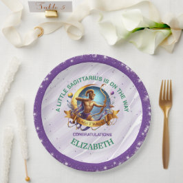 Prato De Papel Chuva de Bebê Sagitário Lavanda e Verde Zodíaco
