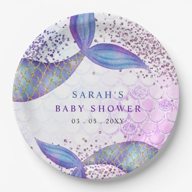 Prato De Papel Chuva de Bebê Sereia com Brilho Roxo (Frente)
