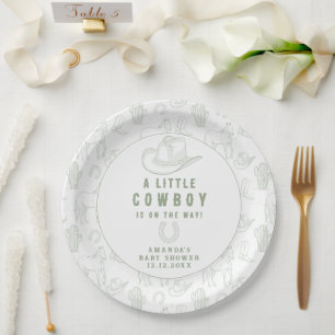 Prato De Papel Chuva de Bebê Western Cowboy Verde Toile de Jouy
