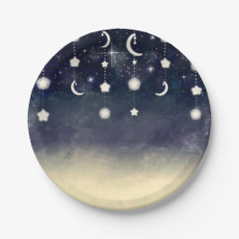 Prato De Papel Chuva de Estrelas Luar Aquarela Baby Shower