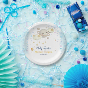 Prato De Papel Chuva de Estrelas Planeta Nuvens Azul Baby Shower