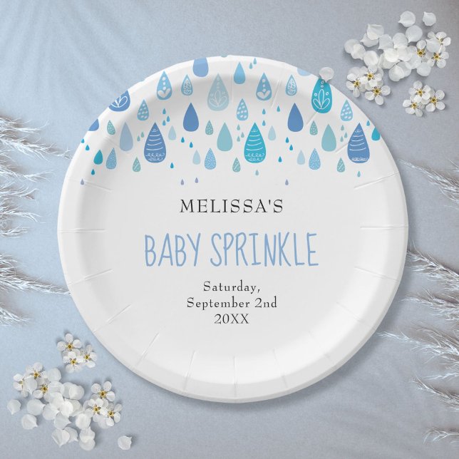 Prato De Papel Chuva de gotas de bebê azul moderno Chuveirinho de (Modern Baby Blue Raindrops Baby Boy Sprinkle Paper Plates)