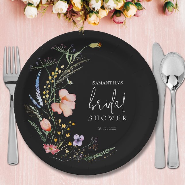 Prato De Papel Chuva de Noiva de Flores Silvestres Preto (Wildflowers on black bridal shower paper plates)
