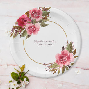 Prato De Papel Chuva de Noiva Elegante Floral Aquarela Rosa Luxo