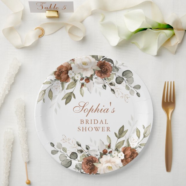 Prato De Papel Chuva de Noiva Floral Rust Creme Dourado (Casamento)