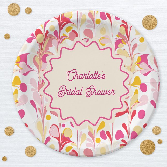 Prato De Papel Chuva de Noiva Moderna Abstrato Retro Rosa Ondulad (Modern abstract groovy abstract wavy personalized bridal shower party paper plates)