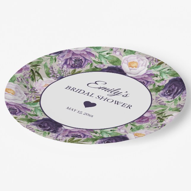 Prato De Papel Chuva de Noiva Roxo Lavanda Nome Data (Inclinado)