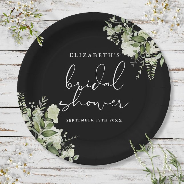 Prato De Papel Chuva de Noiva Verde Elegante Preto e Branco (Greenery Elegant Black And White Bridal Shower Paper Plates)