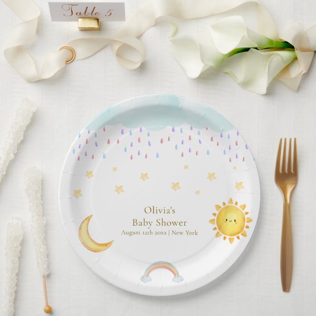Prato De Papel Chuva de Sol Lua Estrelas Arco-íris Bebê  (Casamento)