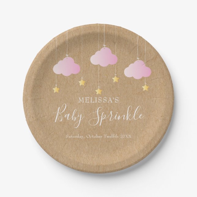 Prato De Papel Chuva de sprinkles kraft rústico para chá de bebê  (Frente)