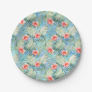 Prato De Papel Chuva Tropical Aloha Hibisco Floral Baby Shower