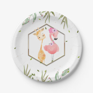 Prato De Papel Chuva Tropical de Aquarela Flamingo & Girafa Baby 