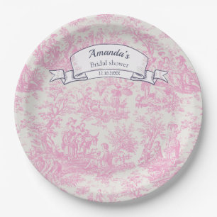 Prato De Papel Chuveiro com estampa floral rosa vintage toile de