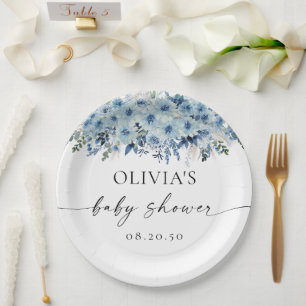 Prato de Papel Chuveiro de Bebê Floral Boho Azul