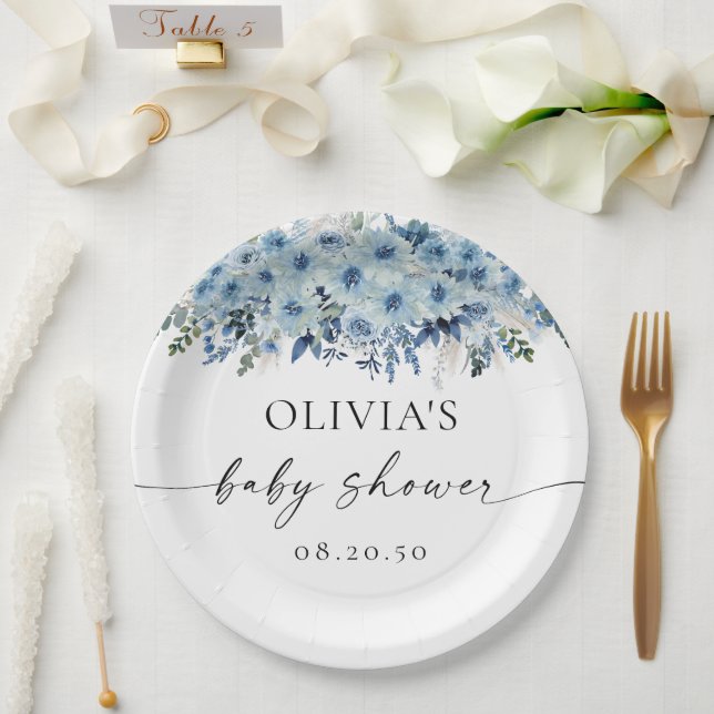 Prato de Papel Chuveiro de Bebê Floral Boho Azul (Casamento)