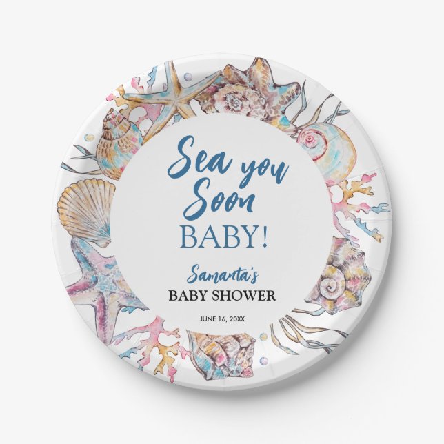 Prato De Papel Chuveiro de Bebê Marisco Mar Vê Você Em Breve (Frente)