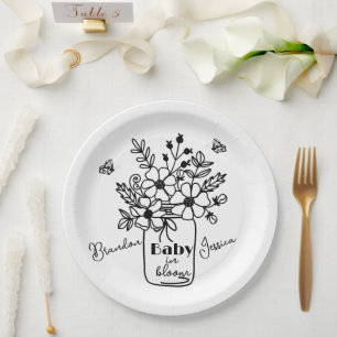 PRATO DE PAPEL CHUVEIRO DE BEBÊ PRETO E BRANCO FLORINDO