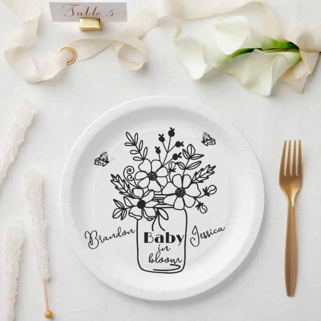 PRATO DE PAPEL CHUVEIRO DE BEBÊ PRETO E BRANCO FLORINDO (Casamento)